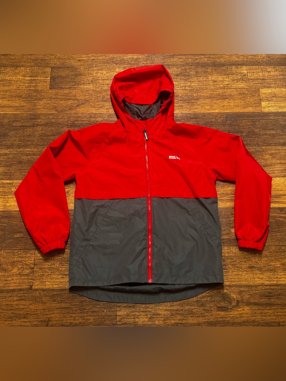 Eddie Bauer Red and Gray Kids Hooded Raincoat